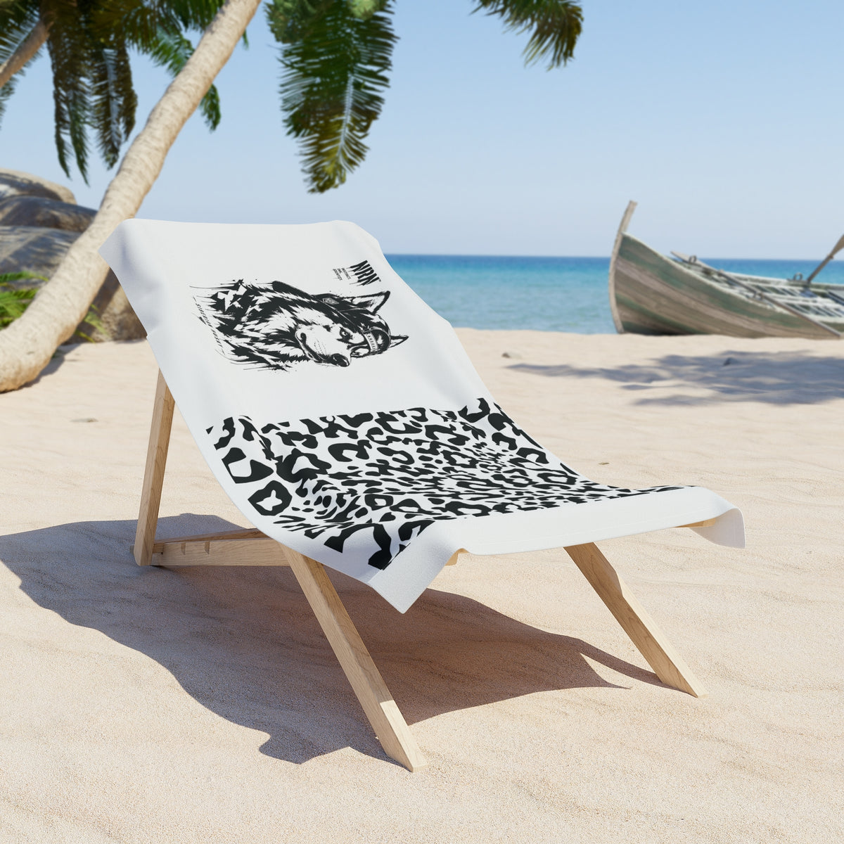 Wolf portrait and leopard pattern graphic beach towel