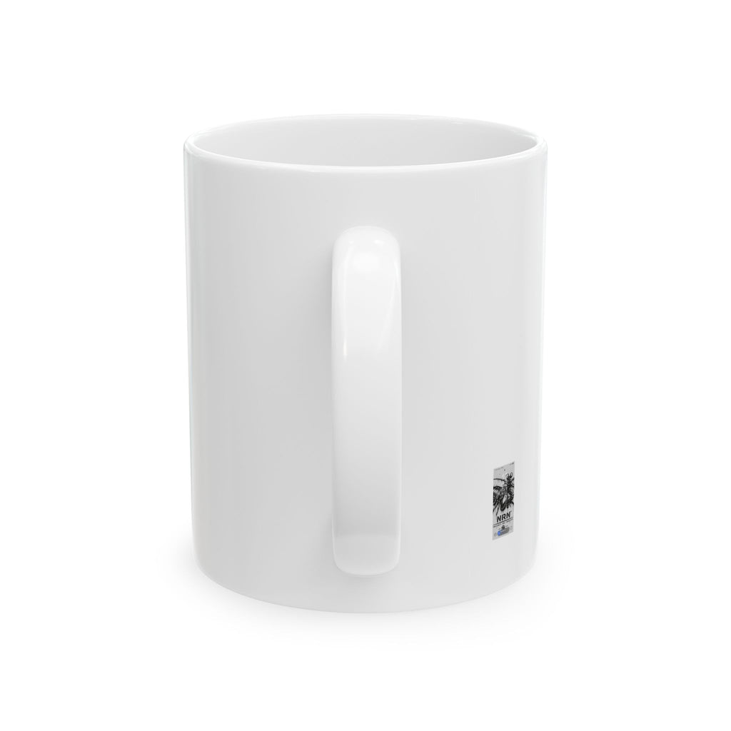 NRN ceramic mug with black-and-white graphic artwork