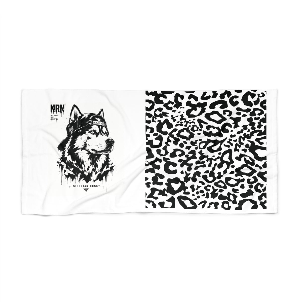 Black-and-white wolf and leopard graphic beach towel